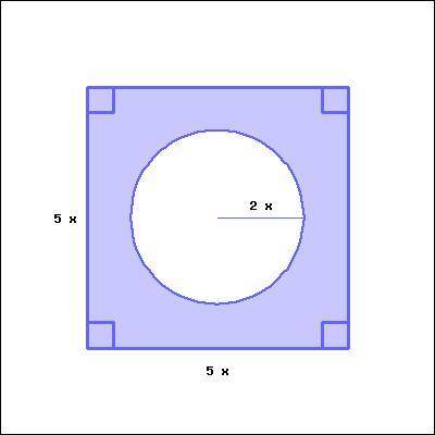 The square below has side 5x. Find the area of the square remaining after a circle of radius 2x is