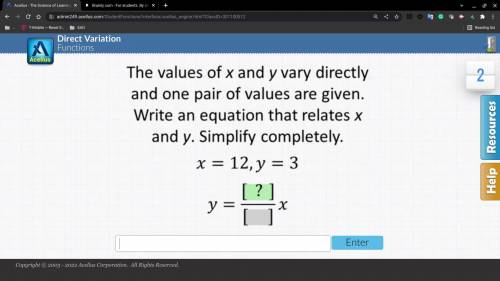 Tha values of x and y vary directly and one pair of values are given. Write an equation that relate