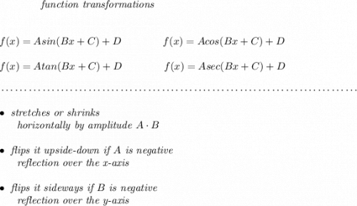 ~~~~~~~~~~~~\textit{function transformations} \\\\\\ f(x)=Asin(Bx+C)+D \qquad \qquad f(x)=Acos(Bx+C)+D \\\\ f(x)=Atan(Bx+C)+D \qquad \qquad f(x)=Asec(Bx+C)+D \\\\[-0.35em] ~\dotfill\\\\ \bullet \textit{ stretches or shrinks}\\ ~~~~~~\textit{horizontally by amplitude } A\cdot B\\\\ \bullet \textit{ flips it upside-down if }A\textit{ is negative}\\ ~~~~~~\textit{reflection over the x-axis} \\\\ \bullet \textit{ flips it sideways if }B\textit{ is negative}\\ ~~~~~~\textit{reflection over the y-axis}