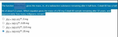 The function gives the mass, m, of a radioactive substance remaining after h half-lives. Cobalt-60