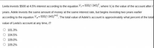 Leela invests $500 at 4.5% interest according to the equation where Vl is the value of the account