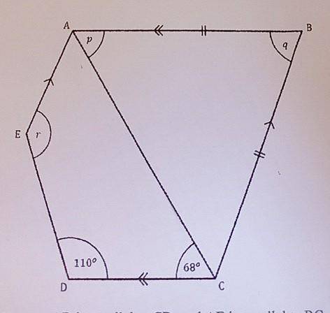 In the daigram AB ia parallel to CD, and AE is parallel to BC. AB=AC, angle ACD=68° and CDE=110° Fi