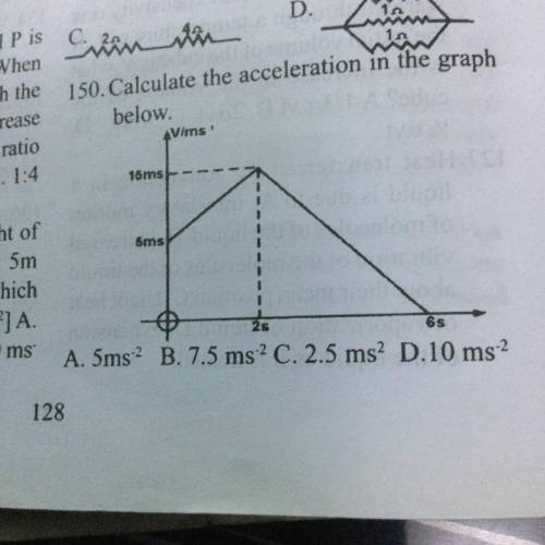 150. Calculate the acceleration in the graph

below
Vims
16ms
sms
as
A. 5ms? B. 7.5 ms C.2.5 ms? D