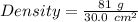 Density = \frac{81\ g}{30.0\ cm^2}