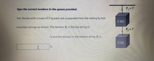 Two blocks with a mass of 5 kg each are suspended from the ceiling by two

massless strings as sho