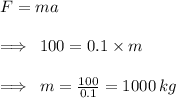 F = ma \\  \\  \implies \: 100 = 0.1 \times m \\  \\  \implies \: m  =  \frac{100}{0.1}   = 1000 \: kg