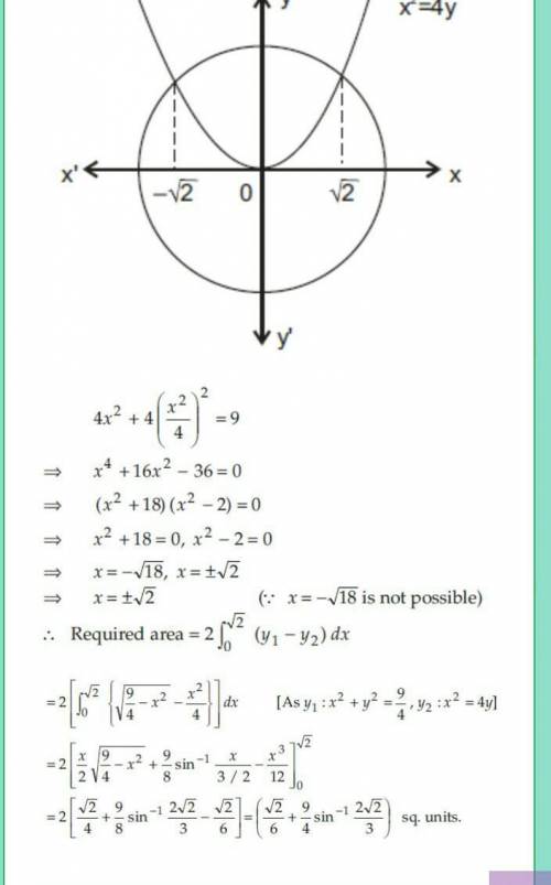 Find the area of a circle 4x² + 4y² = 9 which is interior to the parabola x² = 4y
