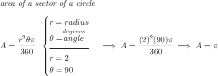 \textit{area of a sector of a circle}\\\\ A=\cfrac{r^2\theta \pi }{360}~~ \begin{cases} r=radius\\ \theta =\stackrel{degrees}{angle}\\[-0.5em] \hrulefill\\ r=2\\ \theta =90 \end{cases}\implies A=\cfrac{(2)^2(90)\pi }{360}\implies A=\pi