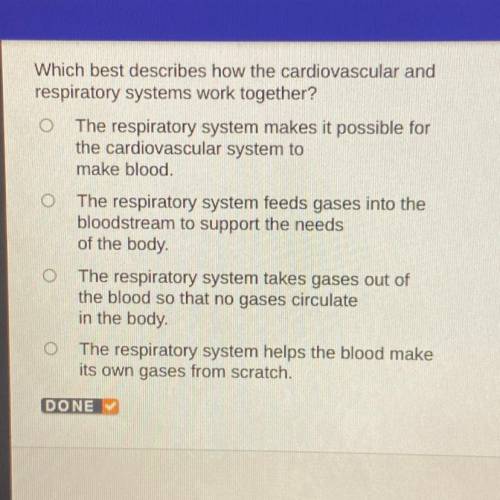 Which best describes how the cardiovascular and

respiratory systems work together?
o The respirat
