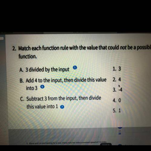 HELP PLEASE

Match each function rule with the value that could not be a possible input for that f