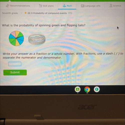 What is the probability of spinning green and flipping tails?

Write your answer as a fraction or