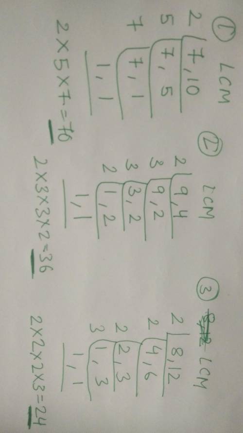Hello!

Could you please help me find the LCM (least common multiple) for the following problems?
7
