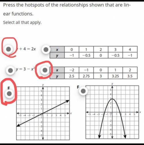 Press the hotspots of the relationships shown that are linear functions.