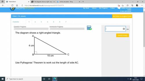 The diagram shows a right-angled triangle.

Use Pythagoras ' Theorem to work out the length of AC.