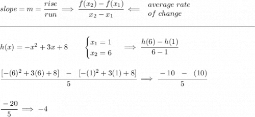 slope = m = \cfrac{rise}{run} \implies \cfrac{ f(x_2) - f(x_1)}{ x_2 - x_1}\impliedby \begin{array}{llll} average~rate\\ of~change \end{array}\\\\[-0.35em] \rule{34em}{0.25pt}\\\\ h(x)= -x^2+3x+8 \qquad \begin{cases} x_1=1\\ x_2=6 \end{cases}\implies \cfrac{h(6)-h(1)}{6-1} \\\\\\ \cfrac{[-(6)^2+3(6)+8]~~ -~~[-(1)^2+3(1)+8]}{5}\implies \cfrac{-10~~ - ~~(10)}{5} \\\\\\ \cfrac{-20}{5}\implies -4