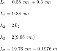 L_2 = 0.58 \ cm \ + 9.3 \ cm\\\\L_2 = 9.88 \ cm \\\\\lambda _2 = 2L_2\\\\\lambda _2 = 2(9.88 \ cm)\\\\\lambda_2 = 19.76 \ cm = 0.1976 \ m