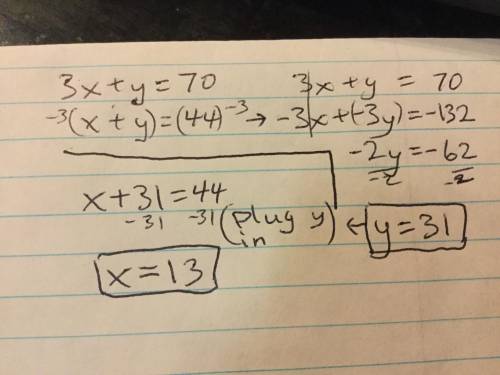 What is the solution of 3x+y=70 and x+y=44 using elimination