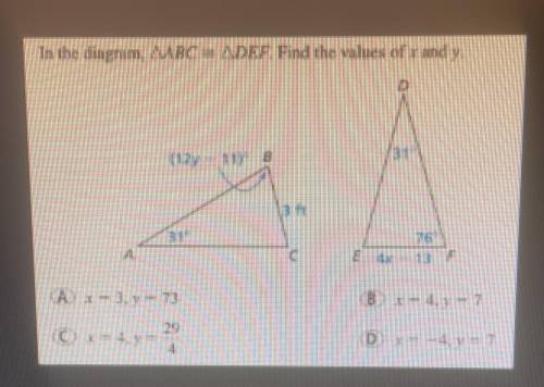 In the diagram ABC=DEF. Find the values of x and y