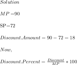 Solution\\\\MP=$90\\\\SP=$72\\\\Discount .Amount=90-72=18\\\\Now,\\\\Discount.Percent=\frac{Discount}{MP} *100\\