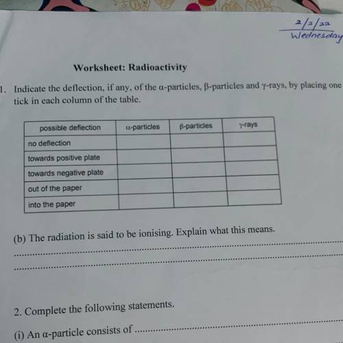 Worksheet: Radioactivity

1. Indicate the deflection, if any, of the q-particles, B-particles and
