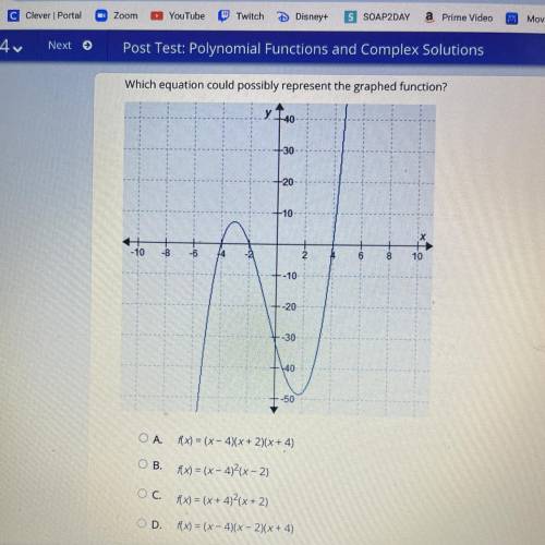 Select the correct answer.
Which equation could possibly represent the graphed function?