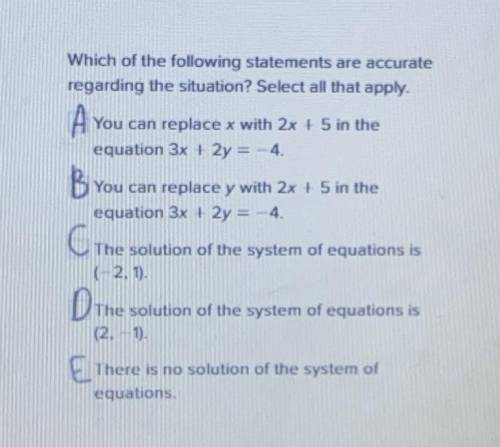 Suppose you are asked to solve the following system of equations by substitution.

y = 2x + 5
3x +