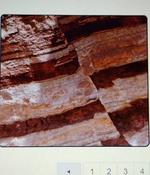 Look at this photograph of a fault. Notice how the right side appears lower than the left side. Thi