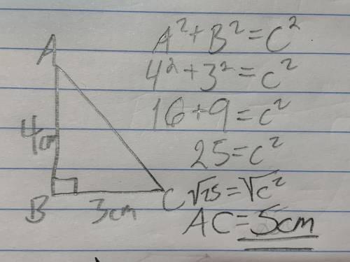 Solve for x in the triangle below given that AB=4cm,BC=3cm and AC=x