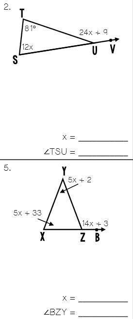 Write and solve an equation to find the value of x and a missing angle in each triangle below. Use