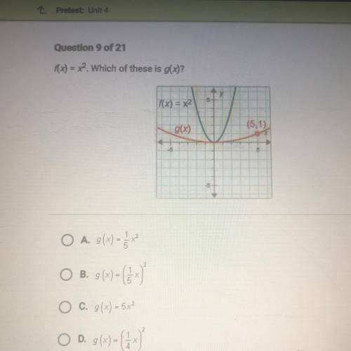 Question 9 of 21

f(x) = x2. Which of these is g(x)?
f(x) = x2
(5,1)
g(x)
25
o A. g(x) = 2x
O 8.00