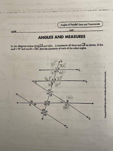 Angles of Parallel Lines and Transversals: Find the measures of each other angles.