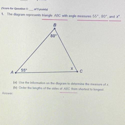 PLEASE HELP!

The diagram represents triangle ABC with angle measures 55°, 80°, and X
Question (a)
