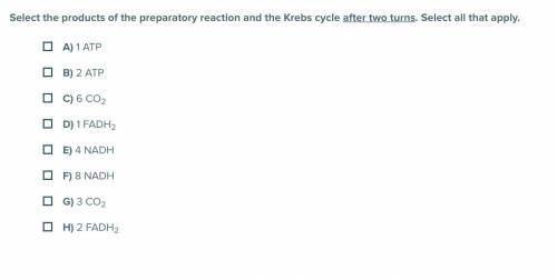 Select the products of the preparatory reaction and the Krebs cycle after two turns. Select all tha