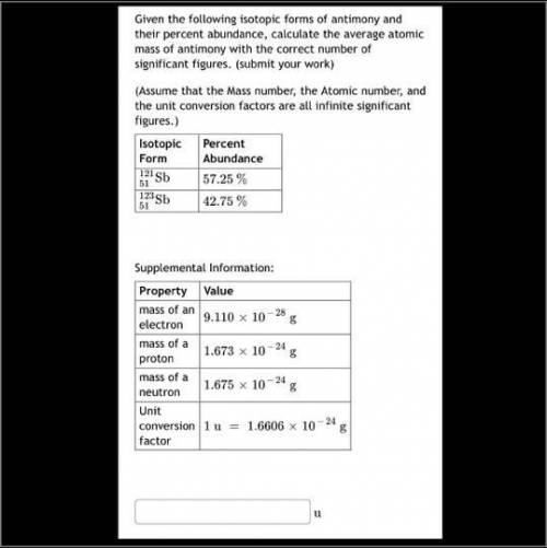 Given the following isotopic forms of antimony and their percent abundance, calculate the average a