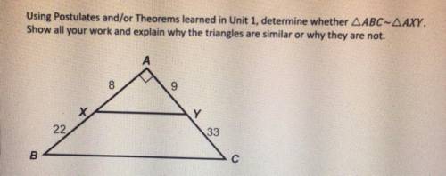 Using Postulates and/or Theorems learned in Unit 1, determine whether ABC~AXY.

Show all your work