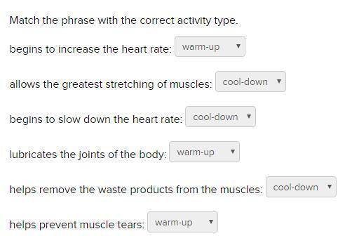 Match the phrase with the correct activity type.

begins to increase the heart rate: 
allows the gr
