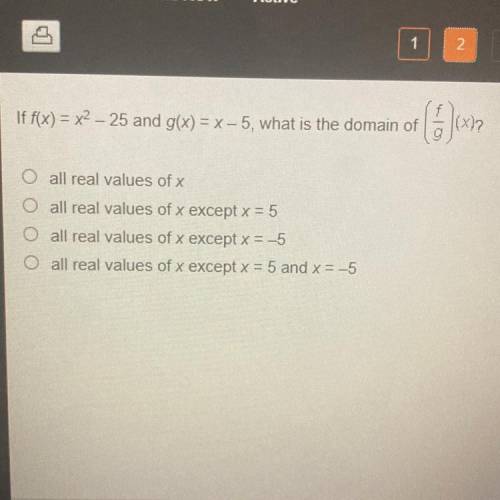 If f(x)= x^2-25 and g(x)=x-5, what is the domain of (f/g)(x)?