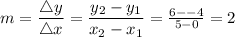 m=\dfrac{\triangle y}{\triangle x}=\dfrac{y_2-y_1}{x_2-x_1}=\frac{6--4}{5-0}=2