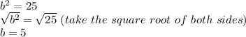 b^2=25\\\sqrt{b^2}=\sqrt{25}\ (take\ the\ square\ root\ of\ both\ sides)\\b=5