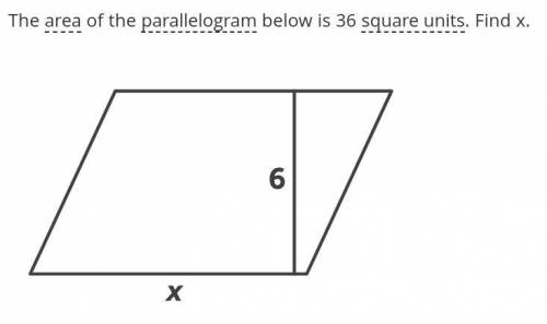 PLEASE ANSWER ASAP!! The area of the parallelogram below is 36 square units. Find x.