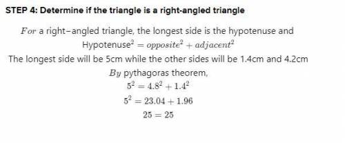 A triangle has sides of length 48 mm, 5cm and 1.4 cm.

Is the triangle right-angled?
You must show
