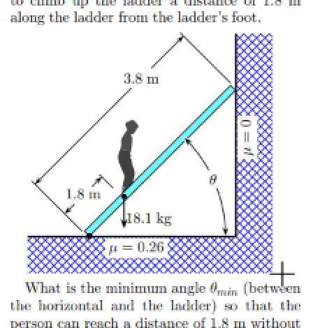 An 18.1 kg person climbs up a uniform ladder with negligible mass. The upper end of the ladder rest