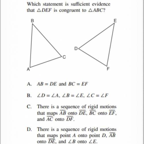 Which statement is sufficient evidence that DEF is congruent to ABC?
