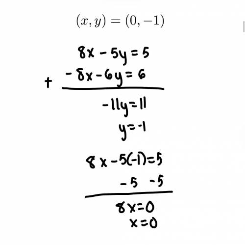 Solve the following system of equations using the elimination method. 8x – 5y = 5 –8x – 6y = 6 Quest