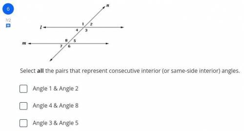 Select all the pairs that represent consecutive interior (or same-side interior) angles.