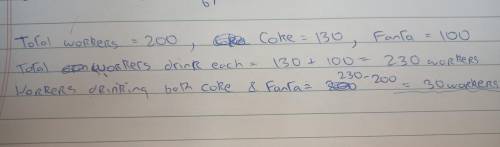 In a survey of 200 workers, 130 drink Coca-cola and 100 drink Fanta. How many workers

drink at lea