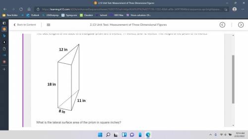 What is the lateral surface area of the prism in square inches?
square inches