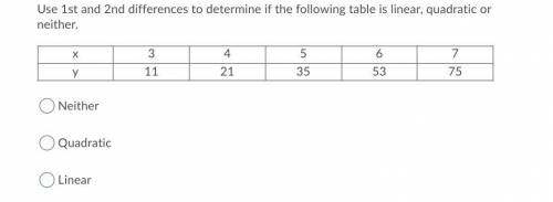 Help!!! Use 1st and 2nd differences to determine if the following table is linear, quadratic or nei