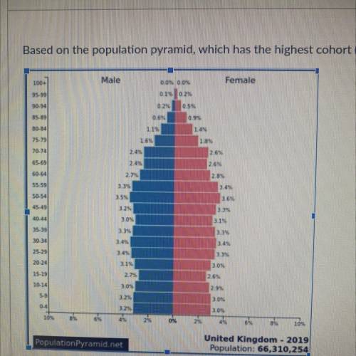 Based on the population pyramid, which has the highest cohort (group) of people?

O 14-19
O 50-54