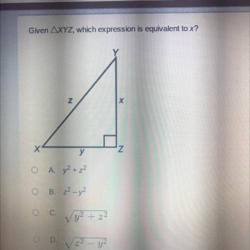 HI PLS HELP
Given triangle XYZ which expression is equivalent to x?